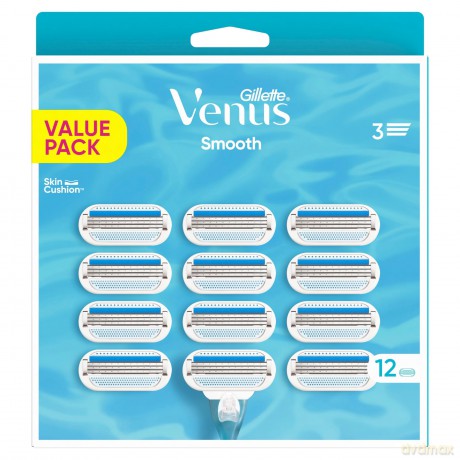 Gillette Venus Smooth Rasierklingen für Rasierer Damen, 12 Ersatzklingen für Damenrasierer mit 3 sich der Körperkontur anpassenden Klingen, umgeben von Schutzkissen