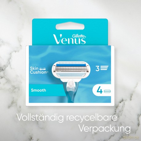 Gillette Venus Smooth Rasierklingen für Rasierer Damen, 12 Ersatzklingen für Damenrasierer mit 3 sich der Körperkontur anpassenden Klingen, umgeben von Schutzkissen