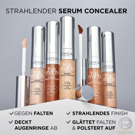 L'Oréal Paris Concealer für ein natürliches Strahlen, Feuchtigkeitsspendend und aufpolsternd, Gesichts Make-Up mit Hyaluronsäure und Koffein, True Match Radiant Serum Concealer 9N, 11 ml