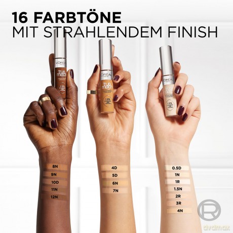L'Oréal Paris Concealer für ein natürliches Strahlen, Feuchtigkeitsspendend und aufpolsternd, Gesichts Make-Up mit Hyaluronsäure und Koffein, True Match Radiant Serum Concealer 9N, 11 ml
