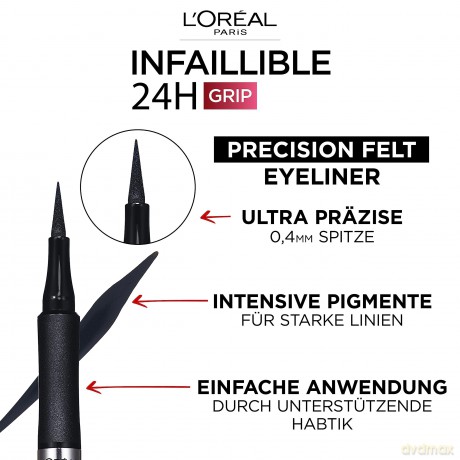 L'Oréal Paris Infaillible 27h Grip Precision Felt Liner schwarz, Eyeliner mit präziser Filzspitze für ausdruckstarke Ergebnisse, 1ml