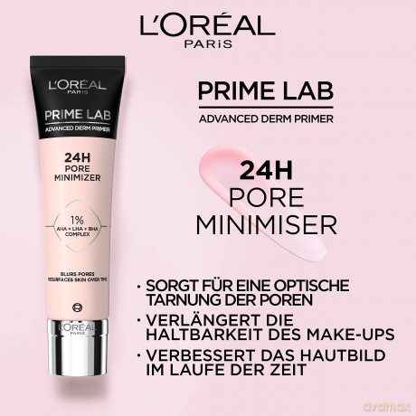 L'Oréal Paris Pore Minimizer Primer, Basis für ein langanhaltendes Make-up, sofort kaschierte Unebenheiten und optisch getarnte Poren, Bis zu 24h Halt, Prime Lab Advanced Derm Primer, 30 ml