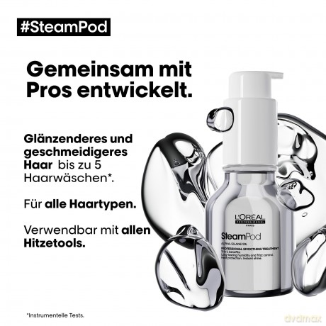 L'Oréal Professionnel SteamPod Glättungskonzentrat für alle Haartypen, Verwendbar mit allen Glätteisen, Schutz vor Hitze bis 230°C und hoher Luftfeuchtigkeit, Anti-Frizz, Schnelleres Styling, 50 ml