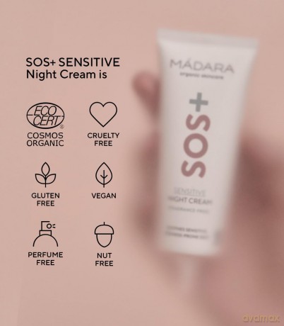 MÁDARA Organic Skincare | SOS+ SENSITIVE Nachtcreme, 70ml - Beruhigende Feuchtigkeit für empfindliche, zu Rötungen neigende Haut, Dermatologisch nachgewiesen, Rötungen zu beruhigen