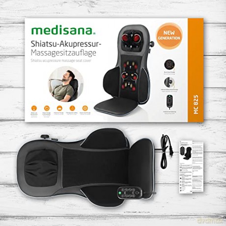medisana MC 825 Shiatsu Massageauflage für Rücken und Nacken, Massagesitzauflage mit Akupressur, Nackenmassage, Wärmefunktion, 3 Intensitäten, Rotlichtfunktion, Fernbedienung, Aufbewahrungsbeutel