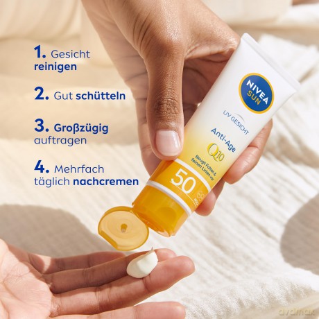 NIVEA SUN UV Gesicht Q10 Anti-Age Sonnenschutz mit LSF 50 (50 ml), feuchtigkeitsspendende Gesichtssonnencreme, Anti-Falten Sonnencreme mit Schutz vor UVA/UVB-Strahlen