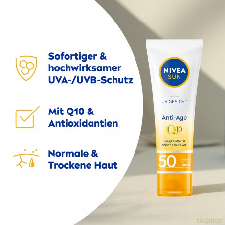 NIVEA SUN UV Gesicht Q10 Anti-Age Sonnenschutz mit LSF 50 (50 ml), feuchtigkeitsspendende Gesichtssonnencreme, Anti-Falten Sonnencreme mit Schutz vor UVA/UVB-Strahlen