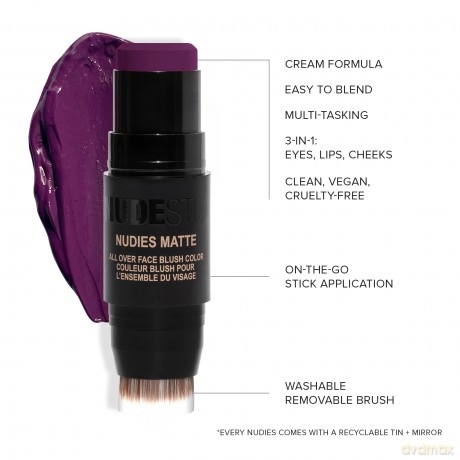 Nudestix Nudies Matte Cream Blush Stick 3-in-1 All Over Face Color - Blush Stick for Cheeks Eyes and Lips - Cream Blush for Cheeks w/Blending Brush (Moodie Blue)