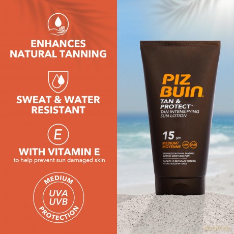 Piz Buin Tan und Protect Intensiving Lotion LSF 15, Bräunungsintensivierende Lotion mit effektive UVA- und UVB-Filter, 150 ml