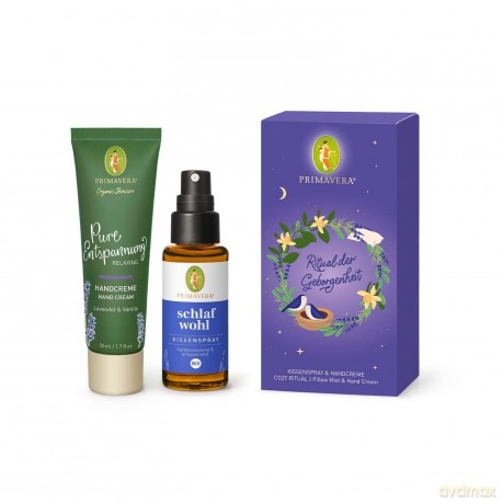 PRIMAVERA Geschenkset Geborgenheit - Schlafwohl Kissenspray bio und Pure Entspannung Handcreme - Lavendel, Vanille - Aromatherapie, Naturkosmetik - vegan
