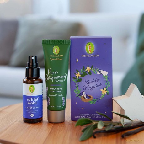 PRIMAVERA Geschenkset Geborgenheit - Schlafwohl Kissenspray bio und Pure Entspannung Handcreme - Lavendel, Vanille - Aromatherapie, Naturkosmetik - vegan