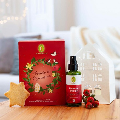 PRIMAVERA Geschenkset Herzenswärme - Herzenswärme Raumspray bio und 2 Lichttüten - Rose, Vanille, Sandelholz - Aromaöl, Aromatherapie - vegan