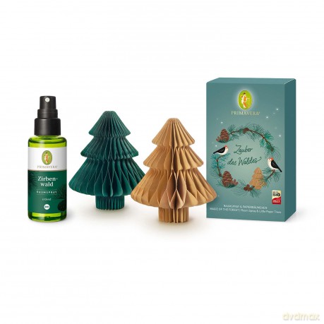 PRIMAVERA Geschenkset Waldzauber - Zirbenwald Raumspray bio und Papierbäumchen - reinigend, klärend - Aromadiffuser, Aromatherapie - vegan