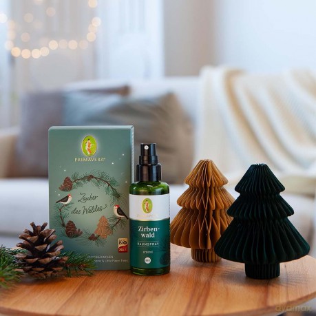 PRIMAVERA Geschenkset Waldzauber - Zirbenwald Raumspray bio und Papierbäumchen - reinigend, klärend - Aromadiffuser, Aromatherapie - vegan
