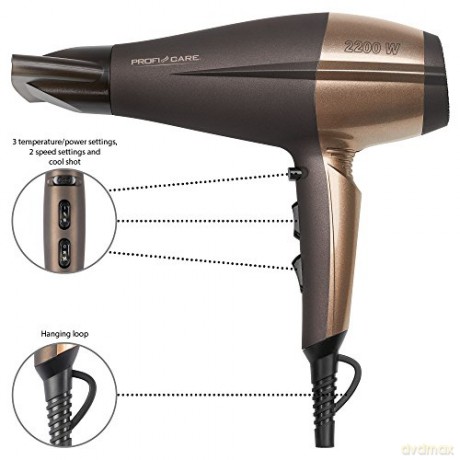 ProfiCare PC-HT 3010 Kompakter Haartrockner, 3 Temperatur-/Leistungsstufen, Ionisierungsfunktion, 2 Gebläsestufen, Cool Shot, Braun-Bronze, 330101