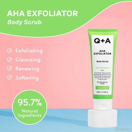 Q+A AHA Peeling Körperpeeling, Kombination aus AHA-Milchsäure und Glykolsäure in Verbindung mit physikalischen Peelings verbessert die Hautstruktur, 250ml