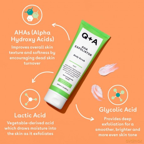 Q+A AHA Peeling Körperpeeling, Kombination aus AHA-Milchsäure und Glykolsäure in Verbindung mit physikalischen Peelings verbessert die Hautstruktur, 250ml