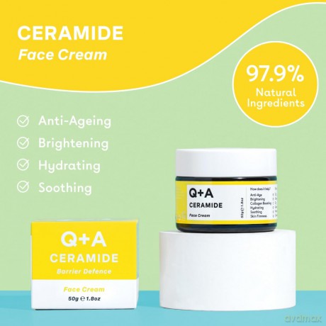 Q+A Ceramid Gesichtscreme, eine Feuchtigkeitscreme für das Gesicht mit Cinamiden, Pro-Vitamin-E und Squalan zur Verbesserung der Feuchtigkeitsversorgung und Elastizität der Haut, 50 g
