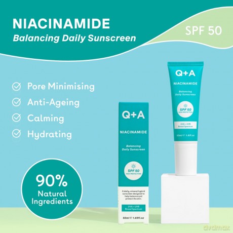 Q+A Niacinamide Täglicher Sonnenschutz LSF 50: Ultraleicht, Nicht-Fettend, Breitspektrum-UVA/UVB-Schutz, Ölkontrolle, Porenverfeinernd, Feuchtigkeitsspendend, 90% Natürliche Inhaltsstoffe, 50ml