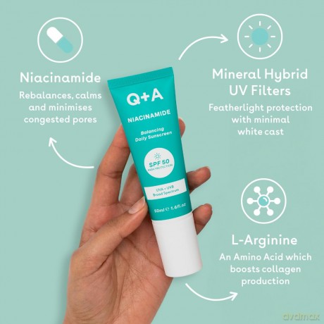 Q+A Niacinamide Täglicher Sonnenschutz LSF 50: Ultraleicht, Nicht-Fettend, Breitspektrum-UVA/UVB-Schutz, Ölkontrolle, Porenverfeinernd, Feuchtigkeitsspendend, 90% Natürliche Inhaltsstoffe, 50ml