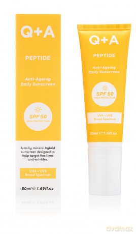 Q+A Peptid Anti-Aging Täglicher Sonnenschutz LSF 50: Leicht, Nicht Klebrig, Breitspektrum-UVA/UVB, Kollagen-Boostend, Feuchtigkeitsspendend, Strahlungsfördernd, 95% Natürlich, Vegan, Gesichts-SPF 50ml