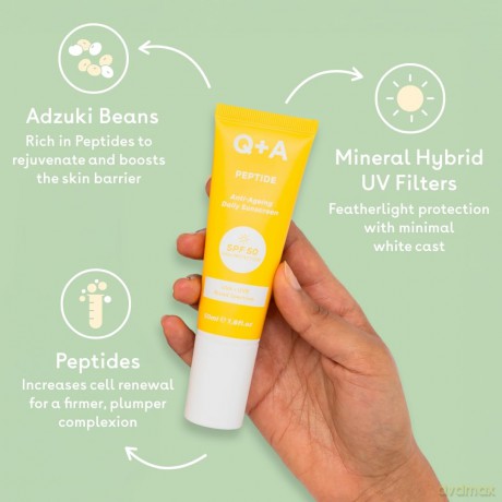 Q+A Peptid Anti-Aging Täglicher Sonnenschutz LSF 50: Leicht, Nicht Klebrig, Breitspektrum-UVA/UVB, Kollagen-Boostend, Feuchtigkeitsspendend, Strahlungsfördernd, 95% Natürlich, Vegan, Gesichts-SPF 50ml