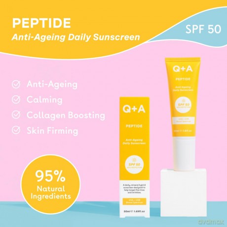 Q+A Peptid Anti-Aging Täglicher Sonnenschutz LSF 50: Leicht, Nicht Klebrig, Breitspektrum-UVA/UVB, Kollagen-Boostend, Feuchtigkeitsspendend, Strahlungsfördernd, 95% Natürlich, Vegan, Gesichts-SPF 50ml