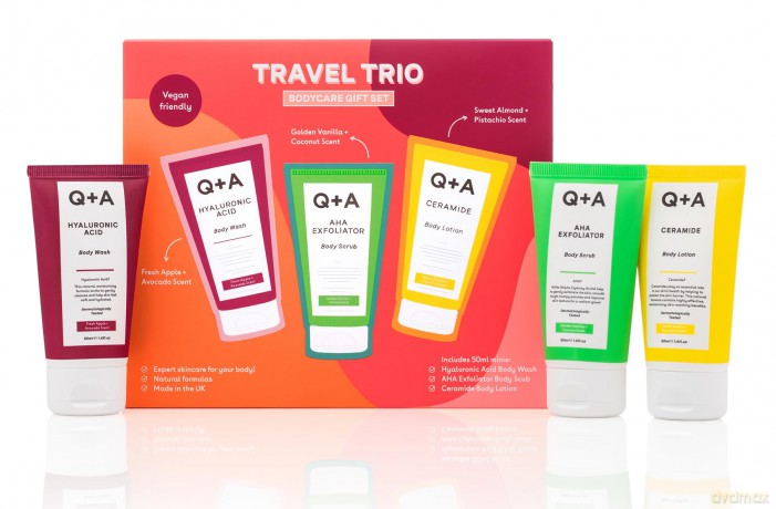 Q+A Reiseset Körperpflege Geschenkset, enthält Hyaluronsäure Körperwaschgel, AHA-Körperpeeling und Ceramid Körperlotion, je 50ml