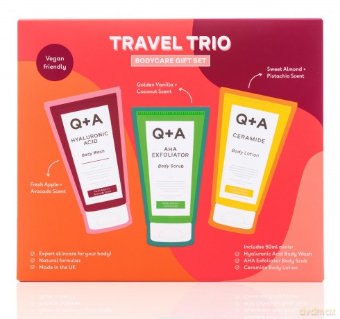 Q+A Reiseset Körperpflege Geschenkset, enthält Hyaluronsäure Körperwaschgel, AHA-Körperpeeling und Ceramid Körperlotion, je 50ml