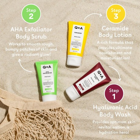 Q+A Reiseset Körperpflege Geschenkset, enthält Hyaluronsäure Körperwaschgel, AHA-Körperpeeling und Ceramid Körperlotion, je 50ml