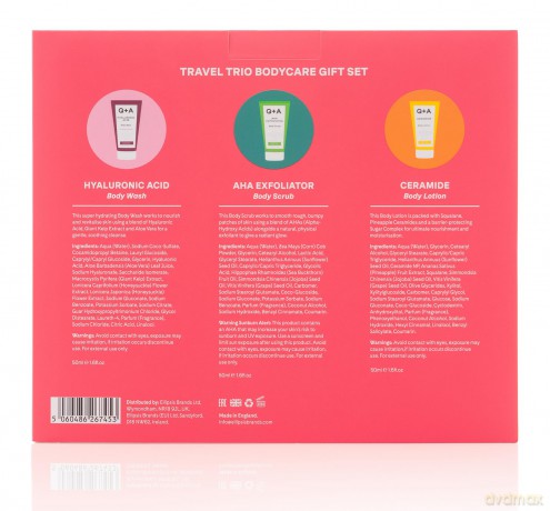 Q+A Reiseset Körperpflege Geschenkset, enthält Hyaluronsäure Körperwaschgel, AHA-Körperpeeling und Ceramid Körperlotion, je 50ml