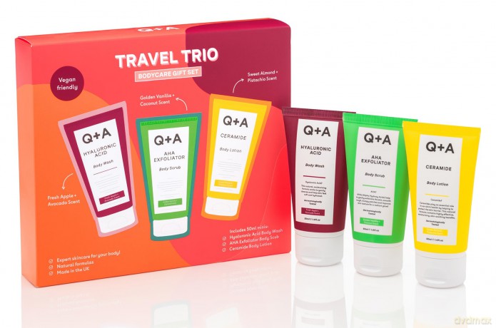 Q+A Reiseset Körperpflege Geschenkset, enthält Hyaluronsäure Körperwaschgel, AHA-Körperpeeling und Ceramid Körperlotion, je 50ml