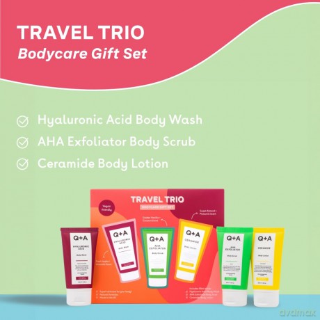 Q+A Reiseset Körperpflege Geschenkset, enthält Hyaluronsäure Körperwaschgel, AHA-Körperpeeling und Ceramid Körperlotion, je 50ml