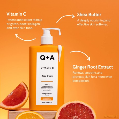 Q+A Vitamin C Körpercreme, enthält Inhaltsstoffe, die die Haut mit Feuchtigkeit versorgen, so dass sie den Aufbau der Haut nachahmen, 250ml