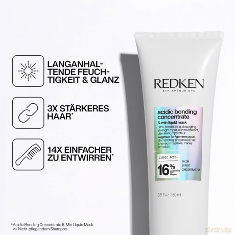 Redken Haarmaske, Pflege-Allrounder mit Zitronensäure und Bonding Care Komplex, Stärkt das Haar und spendet Feuchtigkeit, Vegane Formel, Acidic Bonding Concentrate 5-Min Liquid Mask, 1 x 250 ml