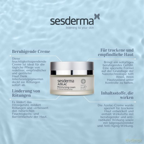 Sesderma | Azelac Feuchtigkeitscreme | Empfindliche Haut | Sensitive Haut | Haut mit Pigmentflecken | Azelainsäure | Vitamin E | Reduziert Rötungen