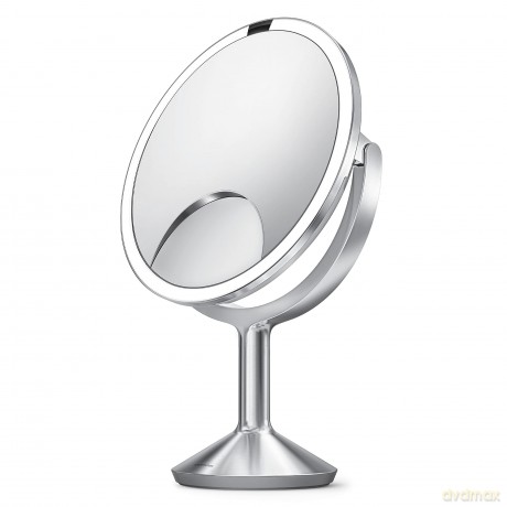 Simplehuman Runder Sensorspiegel aus Gebürstetem Edelstahl in der Farbe Silber Wiederaufladbar, Maße: 46cm x 23cm x 12cm, ST3050