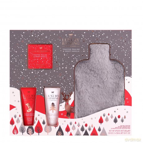 The Luxury Bathing Company - Snuggly - 1 x 50 ml Hand- und Nagelcreme, 1 x 50 ml Körpercreme, 1 x 80 g Badekaviar und 1 x wiederverwendbare Wärmflasche mit grauem Pelzbezug