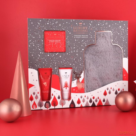 The Luxury Bathing Company - Snuggly - 1 x 50 ml Hand- und Nagelcreme, 1 x 50 ml Körpercreme, 1 x 80 g Badekaviar und 1 x wiederverwendbare Wärmflasche mit grauem Pelzbezug