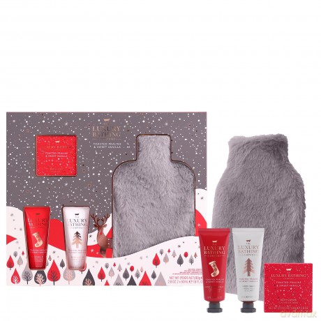 The Luxury Bathing Company - Snuggly - 1 x 50 ml Hand- und Nagelcreme, 1 x 50 ml Körpercreme, 1 x 80 g Badekaviar und 1 x wiederverwendbare Wärmflasche mit grauem Pelzbezug