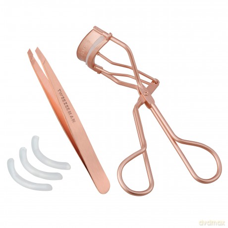 TWEEZERMAN Augenbrauen & Wimpern Set (Geschenkset mit Wimpernzange und Pinzette, Silikon-Pads), Roségold