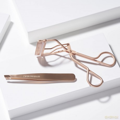 TWEEZERMAN Augenbrauen & Wimpern Set (Geschenkset mit Wimpernzange und Pinzette, Silikon-Pads), Roségold