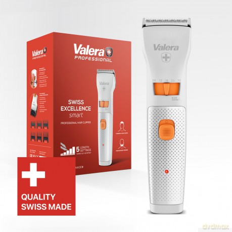 Valera, Swiss Excellence Smart, Haarschneider mit 46 mm Durablade-Klingen, 5 Schnittlängen, 6 Abstandskämme, kabelloser Betrieb oder mit Netzteil, inklusive Batterie, 100-240 V, Swiss Made