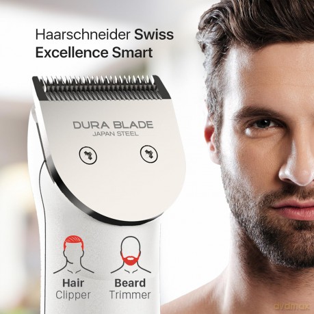 Valera, Swiss Excellence Smart, Haarschneider mit 46 mm Durablade-Klingen, 5 Schnittlängen, 6 Abstandskämme, kabelloser Betrieb oder mit Netzteil, inklusive Batterie, 100-240 V, Swiss Made