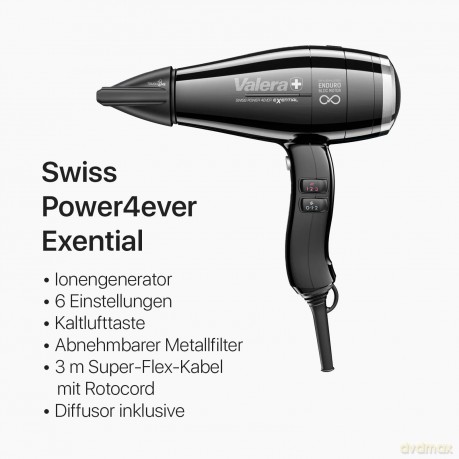 Valera, Swiss Power4ever eXential, Professioneller Haartrockner, Leistungsstarker Föhn, mit 3 Temperaturstufen, Ionen-Generator, Verdrehsicheres Super-Flex-Kabel, 2400 W, Swiss Made