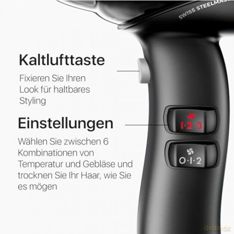 Valera, Swiss Steel Master, professioneller Haartrockner aus verchromtem Premium-Stahl, leichter Föhn, 3 Temperaturstufen, Ionen-Generator, verdrehsicheres Flex-Kabel, 2100W, Swiss Made