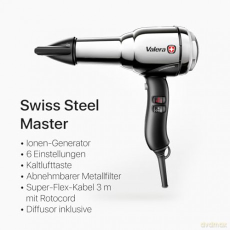 Valera, Swiss Steel Master, professioneller Haartrockner aus verchromtem Premium-Stahl, leichter Föhn, 3 Temperaturstufen, Ionen-Generator, verdrehsicheres Flex-Kabel, 2100W, Swiss Made