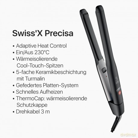 Valera, Swiss'X Precisa, Schmales Professionelles Glätteisen, für kurzes, glattes und lockiges Haar, mit Keramikbeschichtung, schnelles Aufheizen, Kabel 3 m, Ein/Aus 230°C, Swiss Made