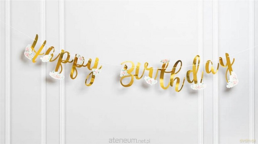 Baner Happy Birthday z kwiatami złoty
