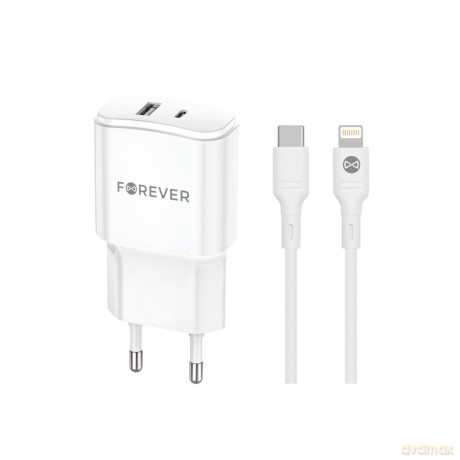Forever ładowarka sieciowa PD QC TC-01-20AC 1x USB-C 1x USB 20W biała + kabel USB-C - Lightning 20W